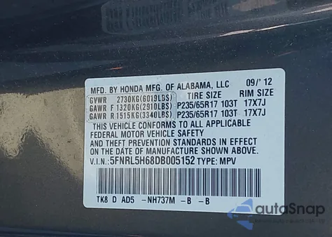 2013 Honda Odyssey Ex-L from USA, damaged, VIN 5FNRL5H68DB005152